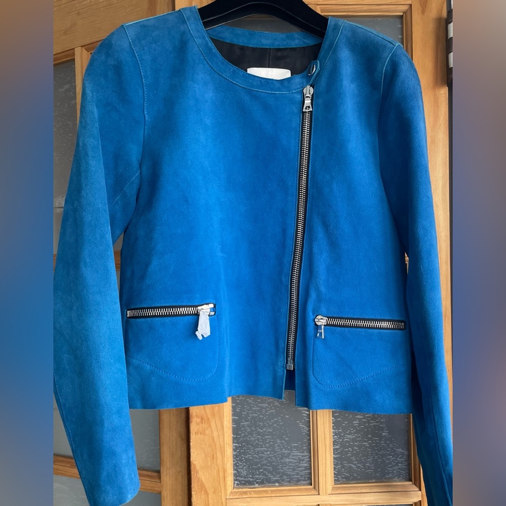 SANDRO Blue Suede Women's Moto Jacket